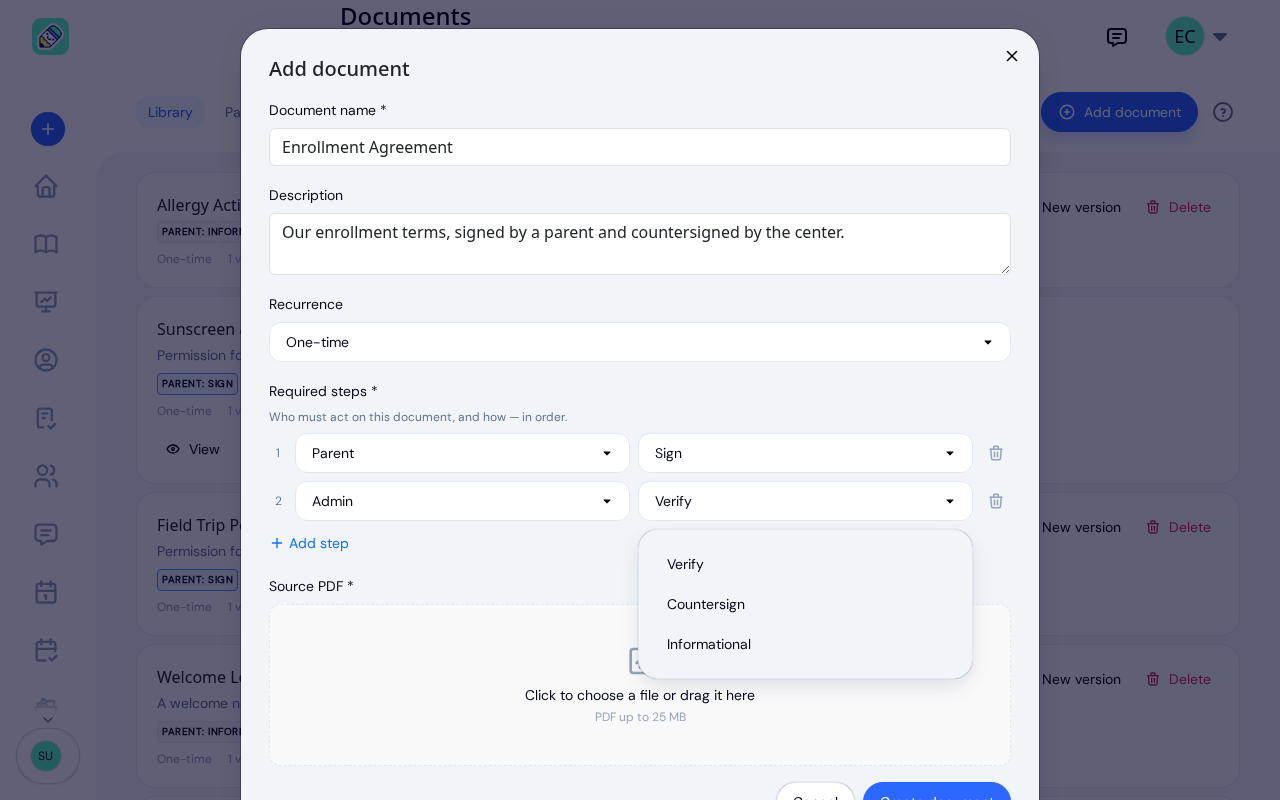 The Add document form for an Enrollment Agreement with two required steps, Parent then Sign and Admin with its action list open showing Verify, Countersign and Informational