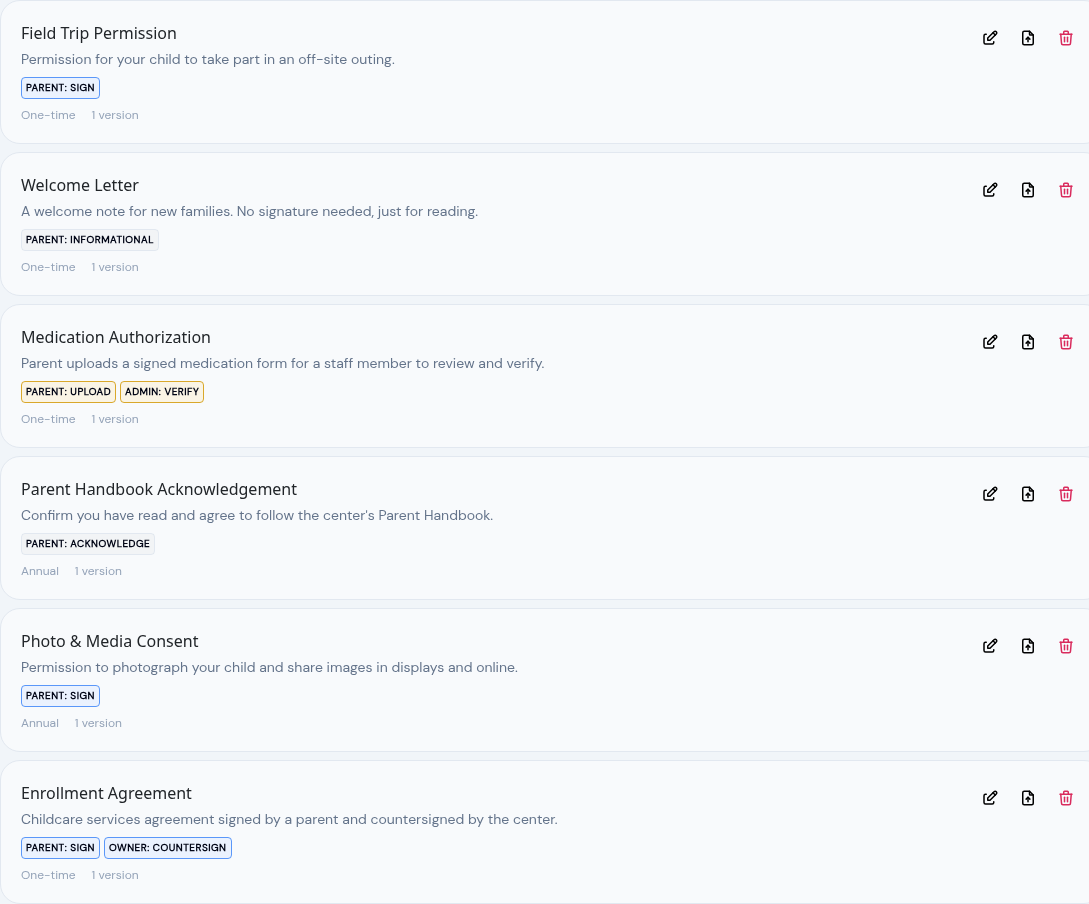 The document library showing six documents with their steps and recurrence