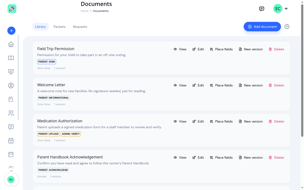 The document library showing six documents with their steps, recurrence, and the labelled View, Edit, Place fields, New version, and Delete actions