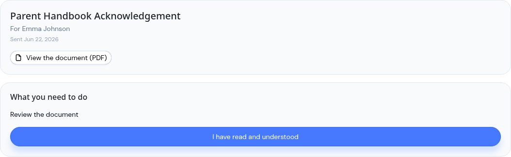 The acknowledge screen with an I have read and understood button