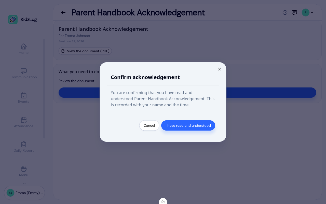 The confirmation window for acknowledging a document