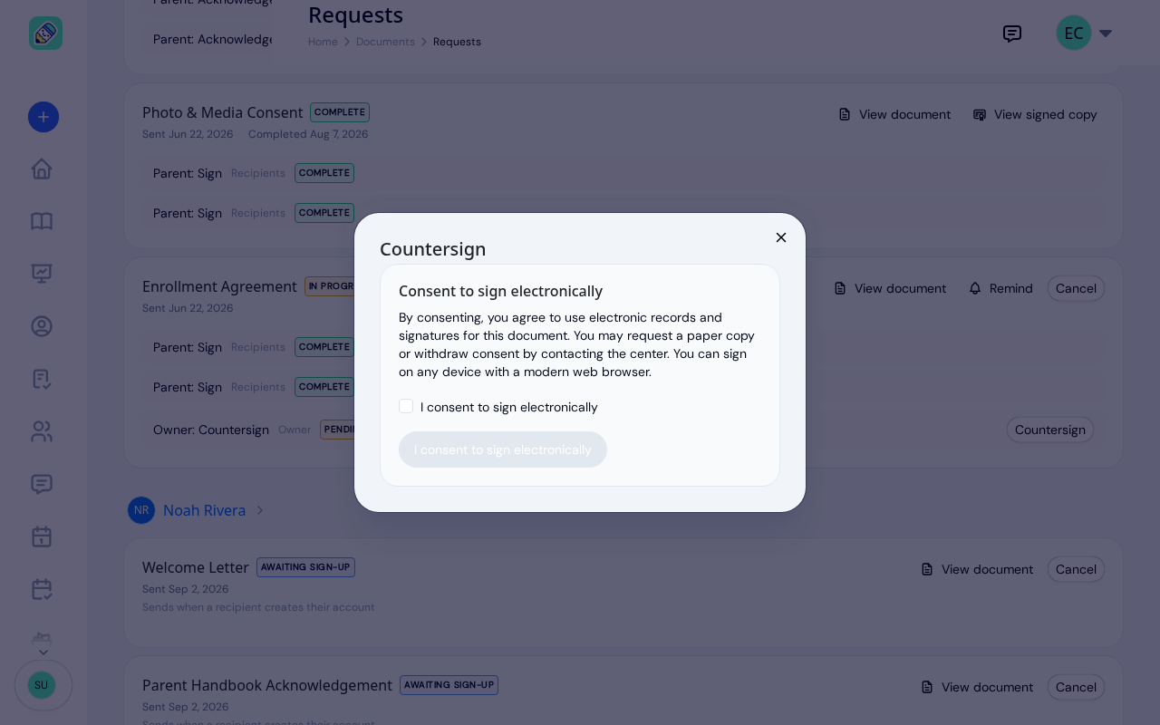 The Countersign window showing Consent to sign electronically, with the consent checkbox unticked and the consent button not yet available