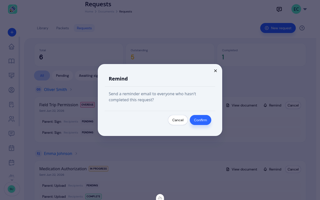 The Remind confirmation dialog asking whether to send a reminder email to everyone who hasn't completed the request