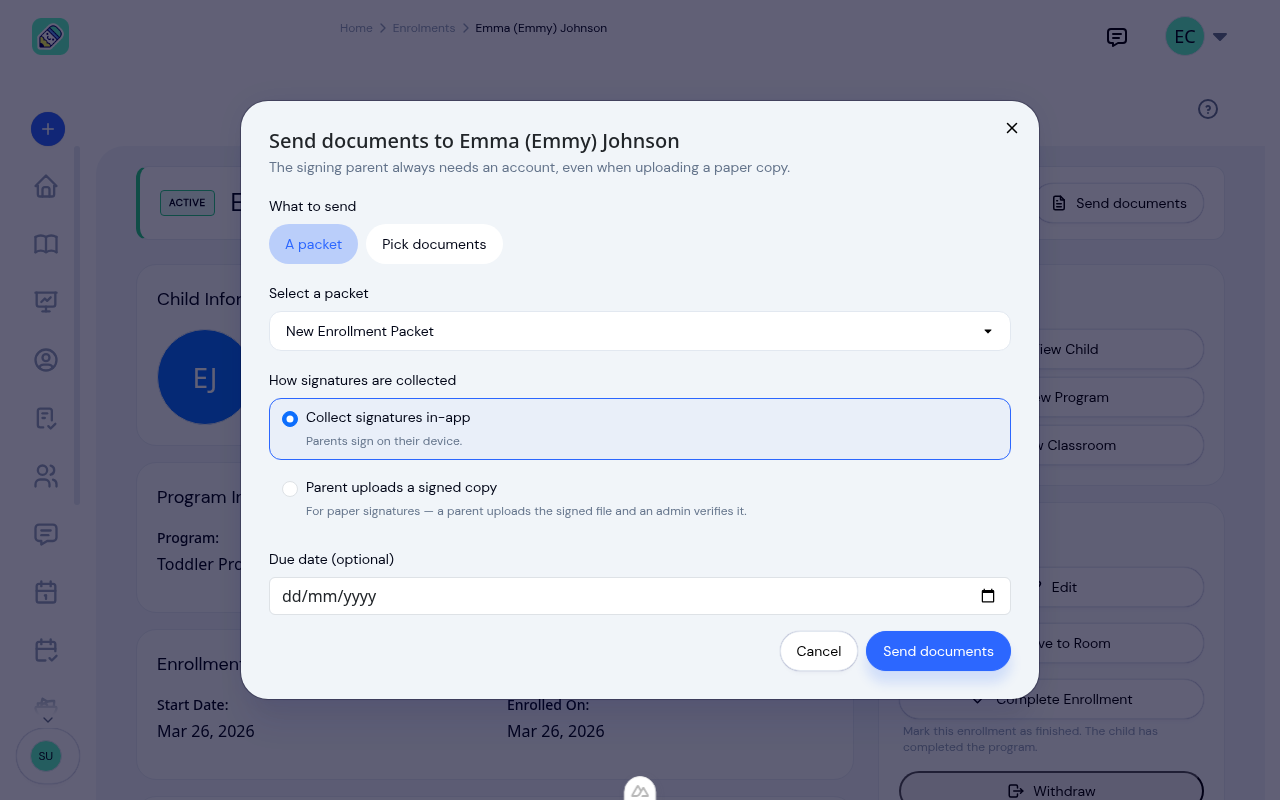 The Send documents window with a packet selected and in-app signing chosen