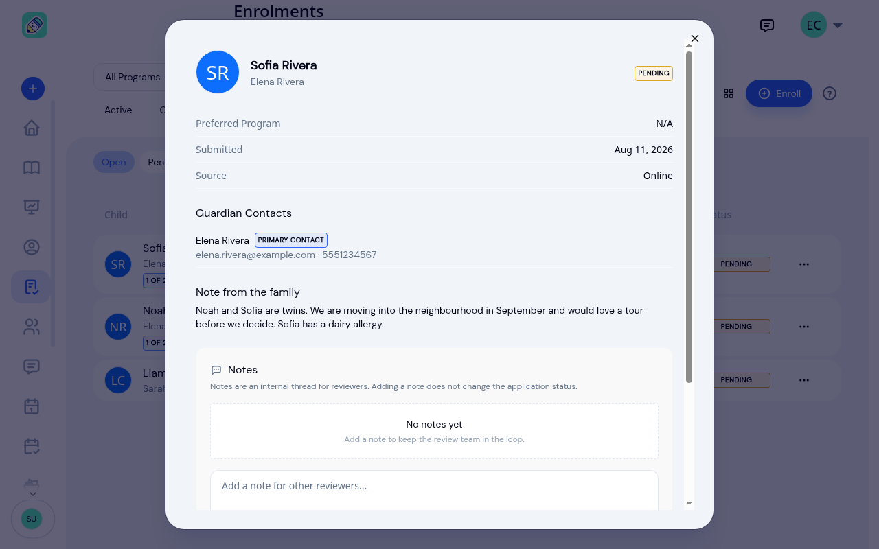 Application detail for an online submission showing the source, guardian contacts with a Primary contact badge, the Note from the family, and the empty internal notes thread