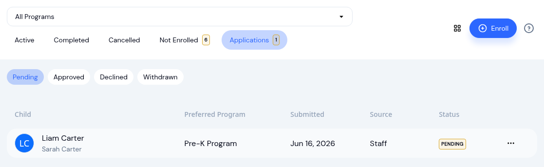 Enrolment applications review queue showing the Applications tab, the Pending filter, and a pending application