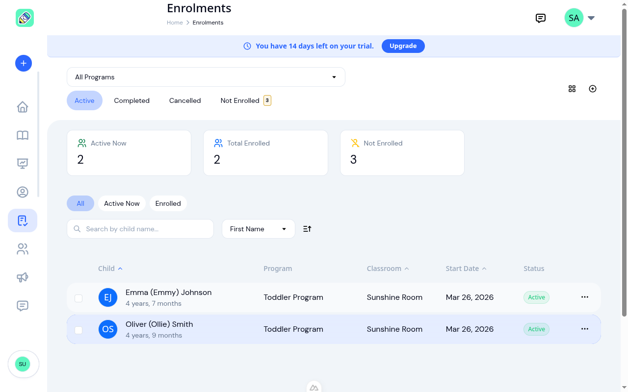 Enrolments page showing program filter, status tabs, stats cards, and enrolment table with two active children