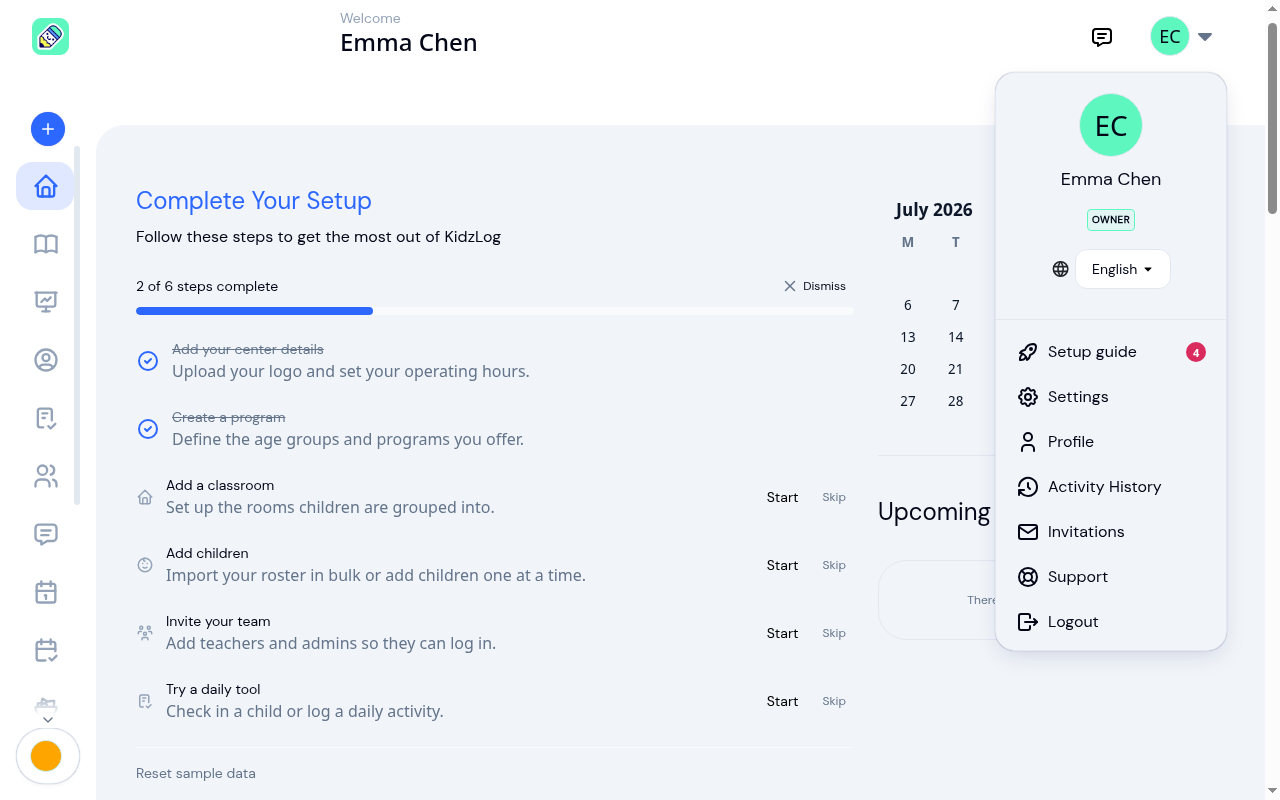 Account menu open with a Setup guide option and a badge showing the number of remaining steps