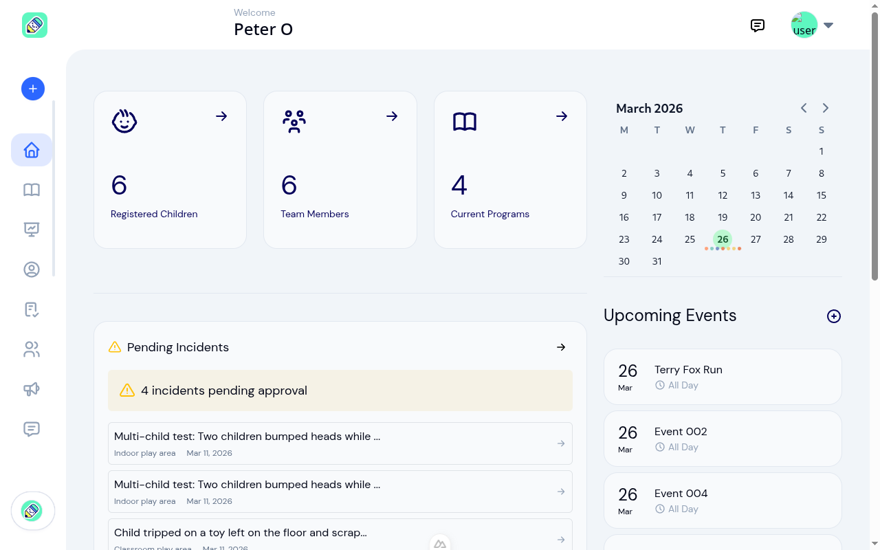 KidzLog admin dashboard showing summary cards, pending incidents, attendance widget, calendar, and upcoming events