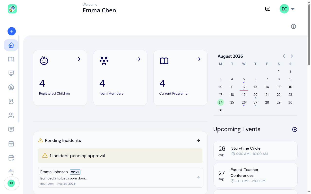 KidzLog admin dashboard showing summary cards, pending incidents, attendance widget, calendar, and upcoming events