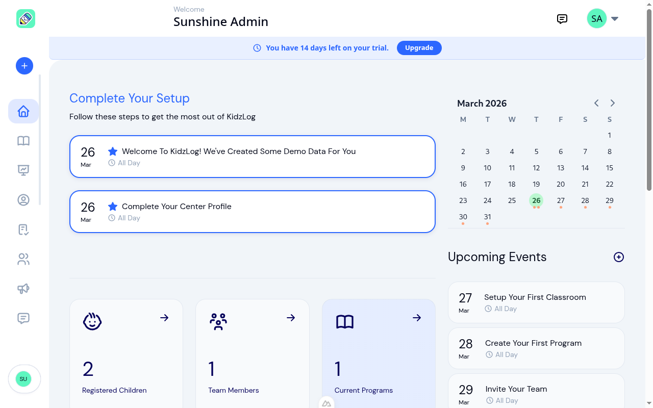 KidzLog dashboard for a new center showing onboarding checklist, demo data, calendar, and guided setup events
