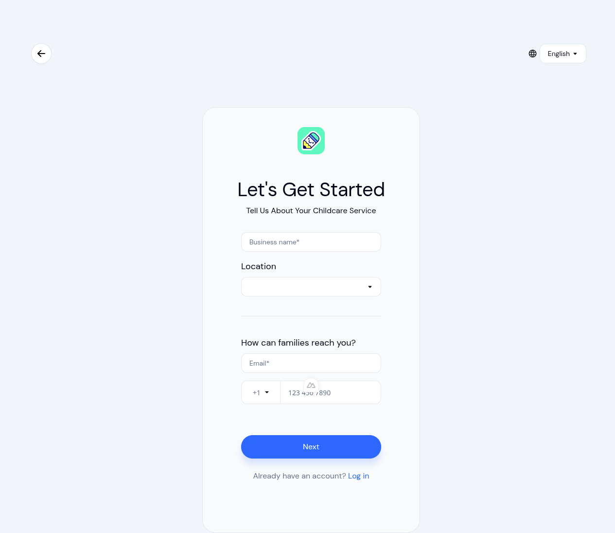 New center form with fields for business name, location, email, and phone number
