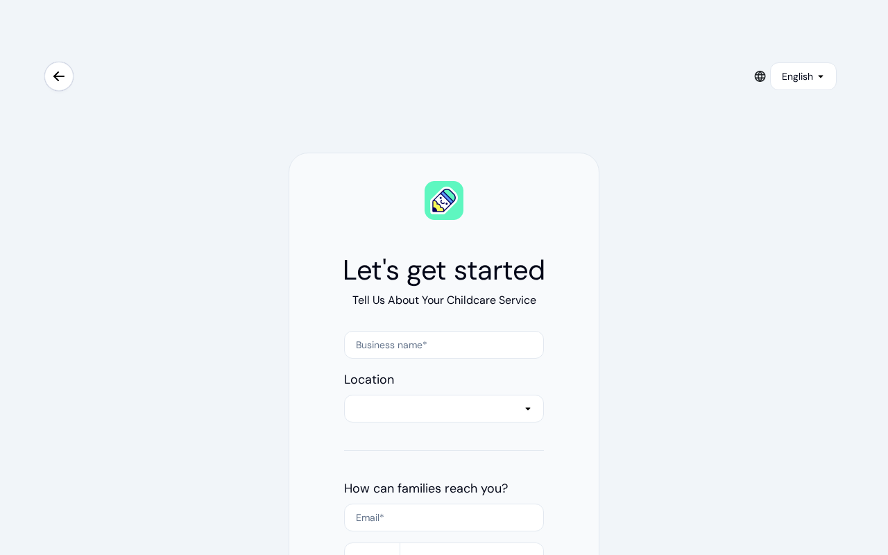 New center form with fields for business name, location, email, and phone number