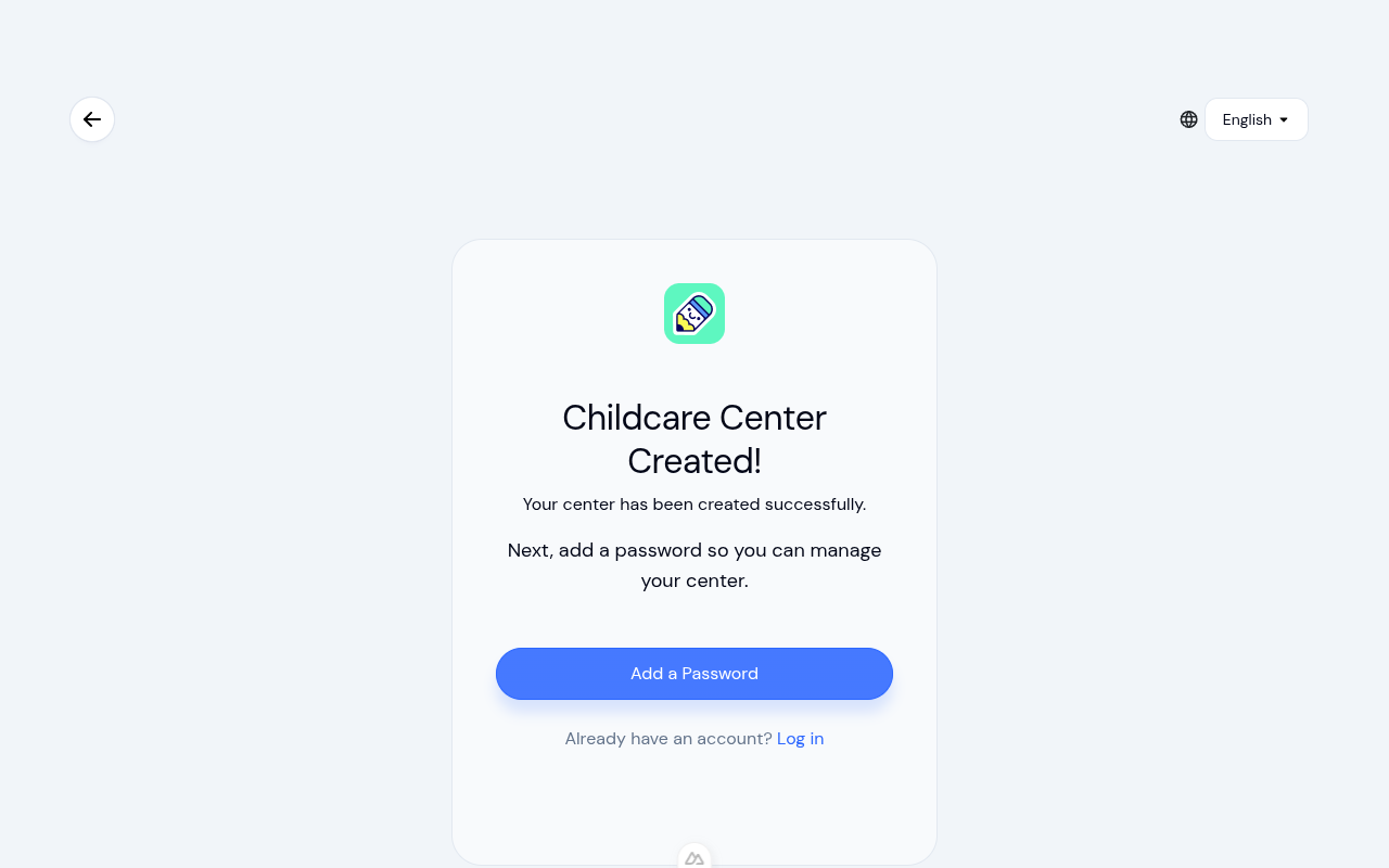 Center created confirmation screen with Add a Password button