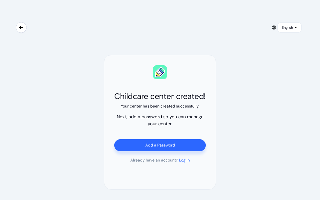 Center created confirmation screen with an Add a Password button