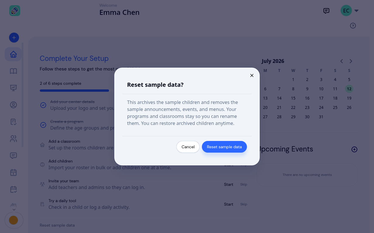 Reset sample data confirmation asking to confirm before archiving the sample children and removing sample content