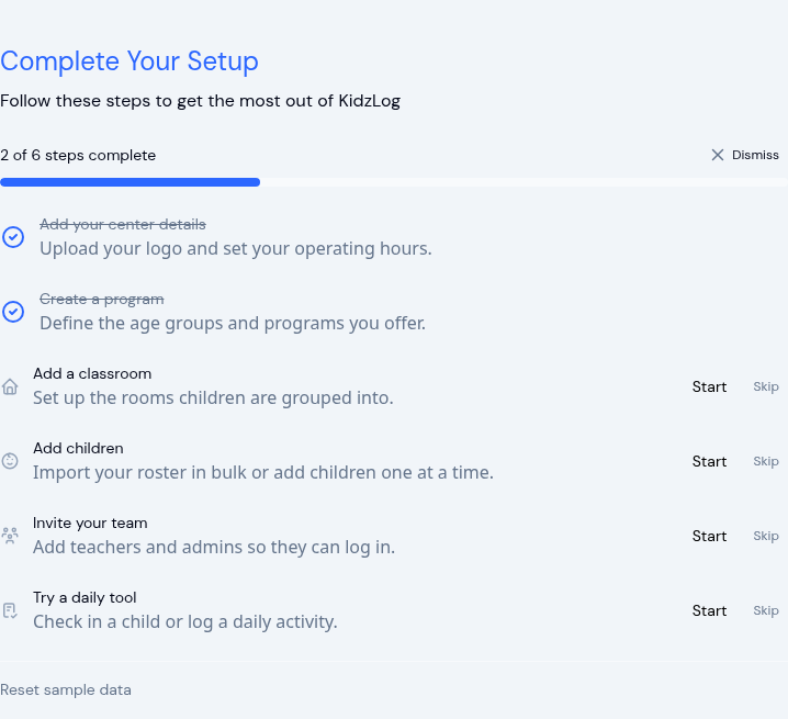 Complete Your Setup checklist showing six setup steps, a progress bar, and Start and Skip actions