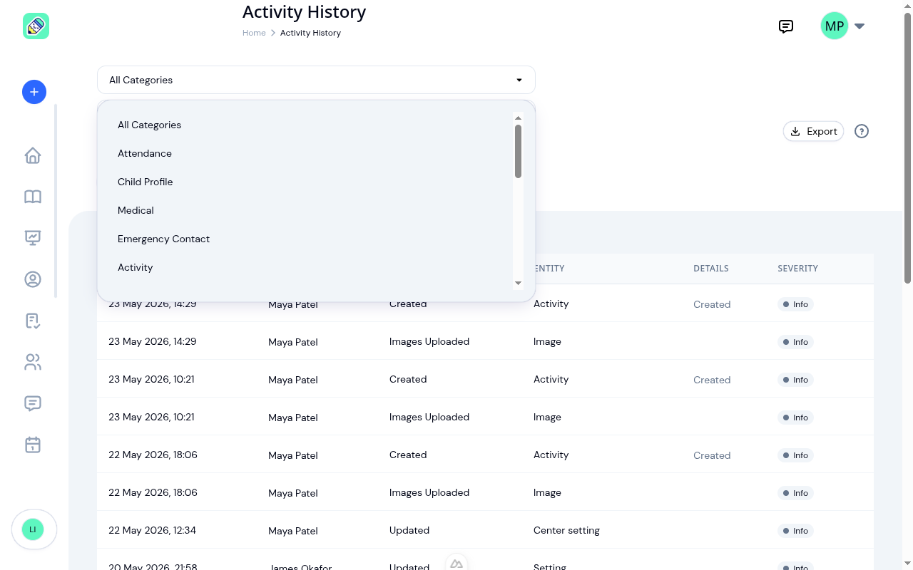 Category filter dropdown open, showing All Categories, Attendance, Child Profile, Medical, Emergency Contact, and Activity options