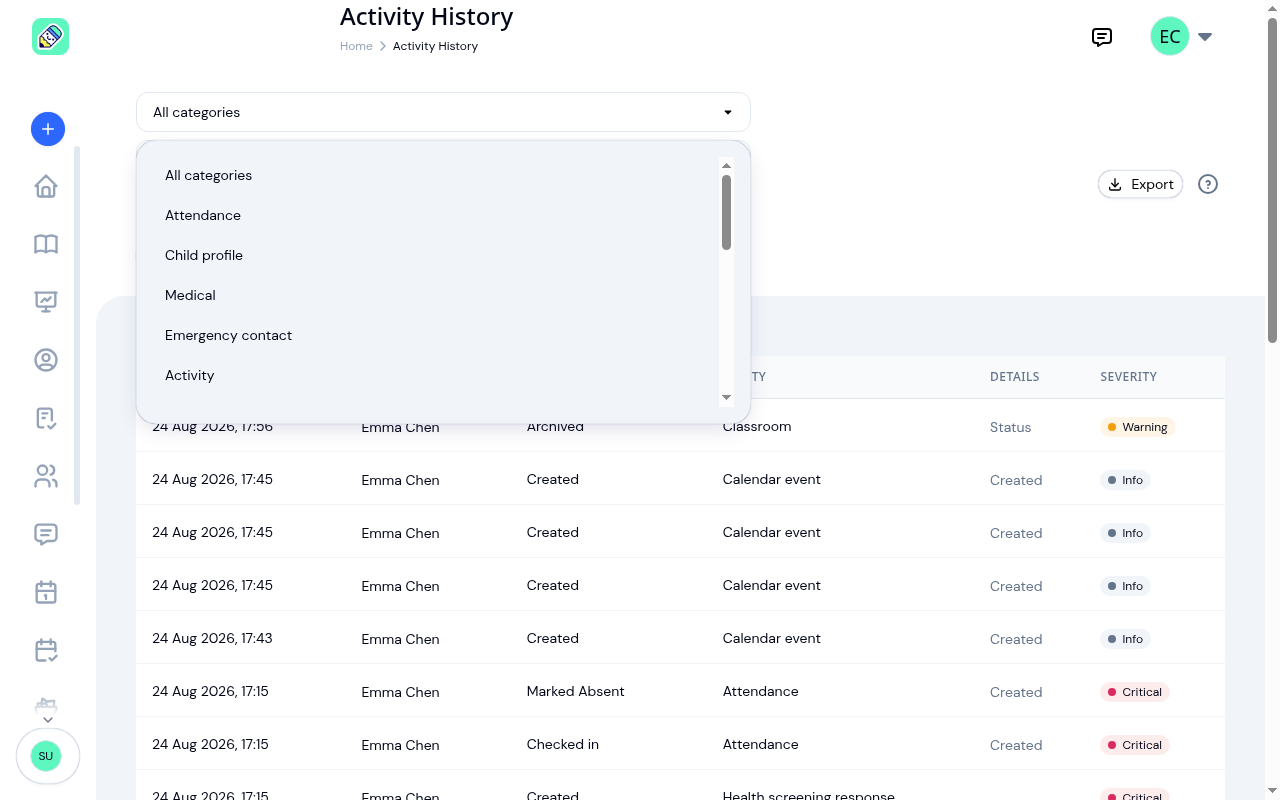 Category filter open, showing All categories, Attendance, Child profile, Medical, Emergency contact, and Activity