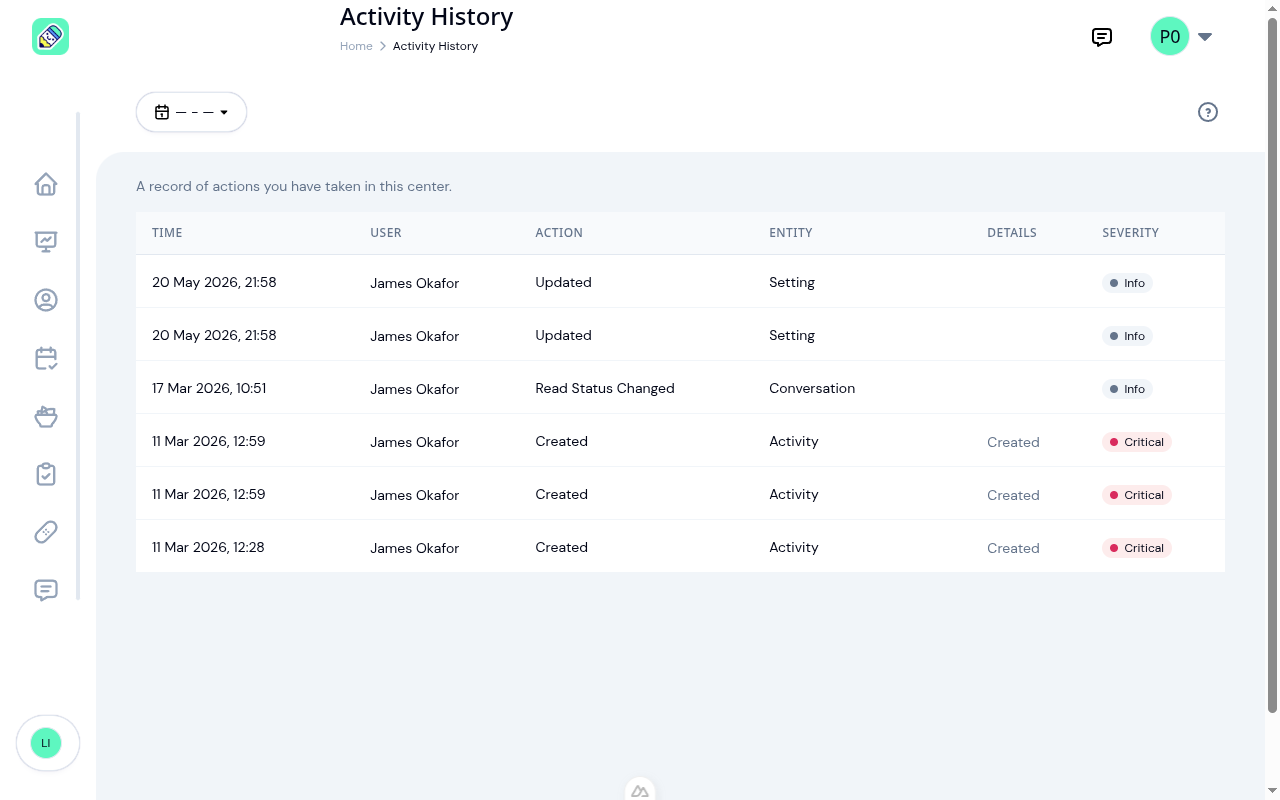 Teacher Activity History page showing only their own actions with a date range picker as the sole filter