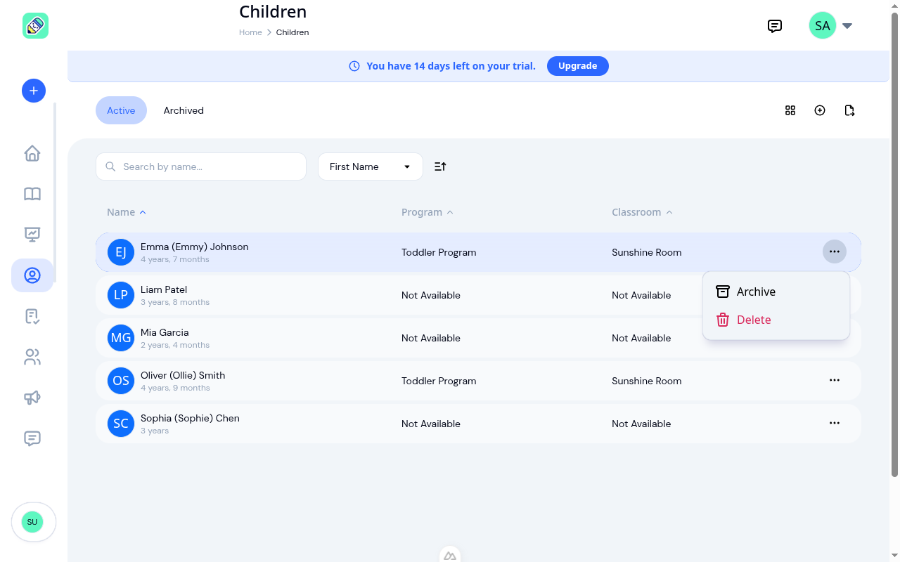 Children list with actions dropdown showing Archive and Delete options