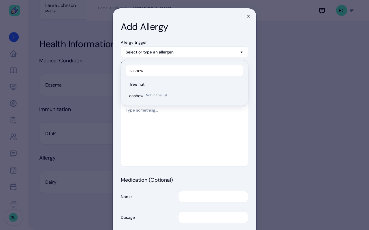 Add Allergy window with "cashew" typed into the allergy trigger search, showing Tree nut as a match and the option to use "cashew" exactly as typed