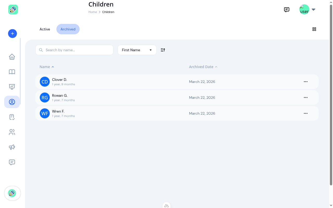 Archived children tab showing children with their archived dates