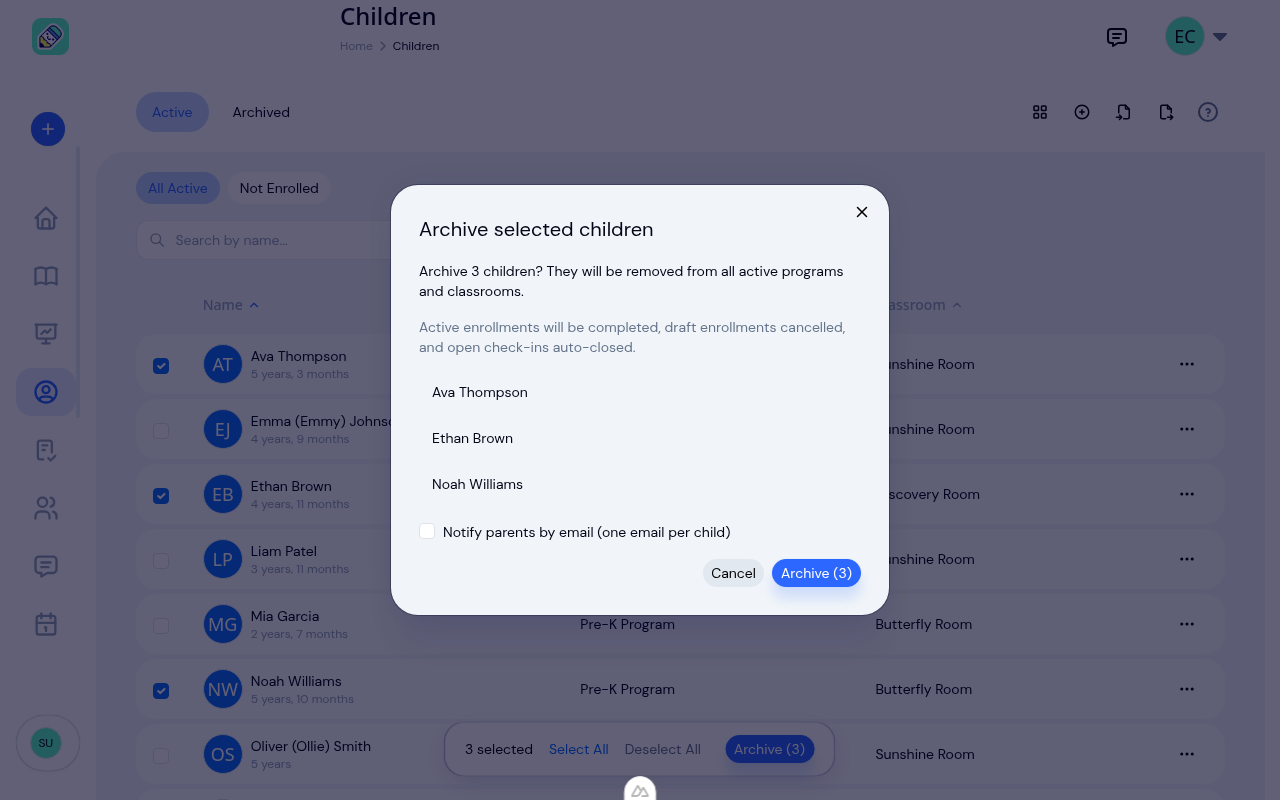 Confirmation dialog listing the selected children, with a note about completed enrolments and an option to notify parents