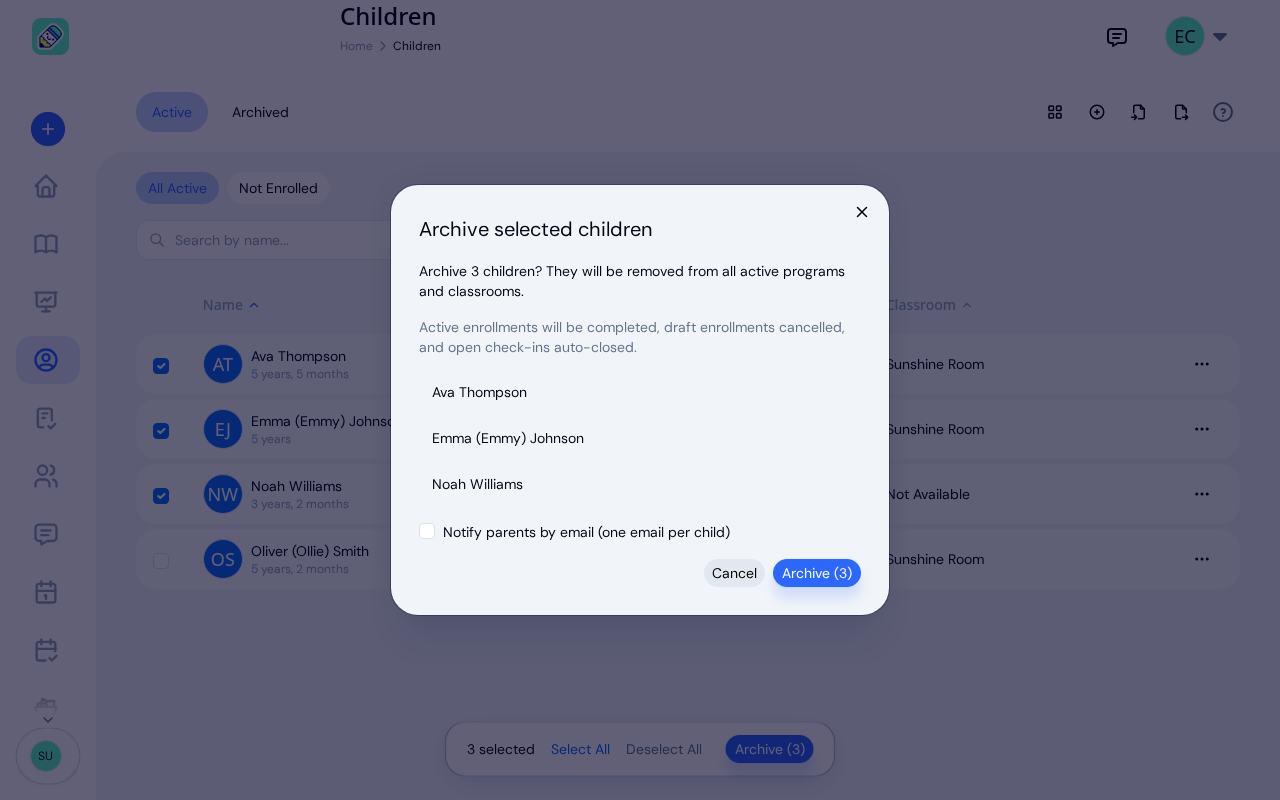 Confirmation dialog listing the selected children, with a note about completed enrolments and an option to notify parents