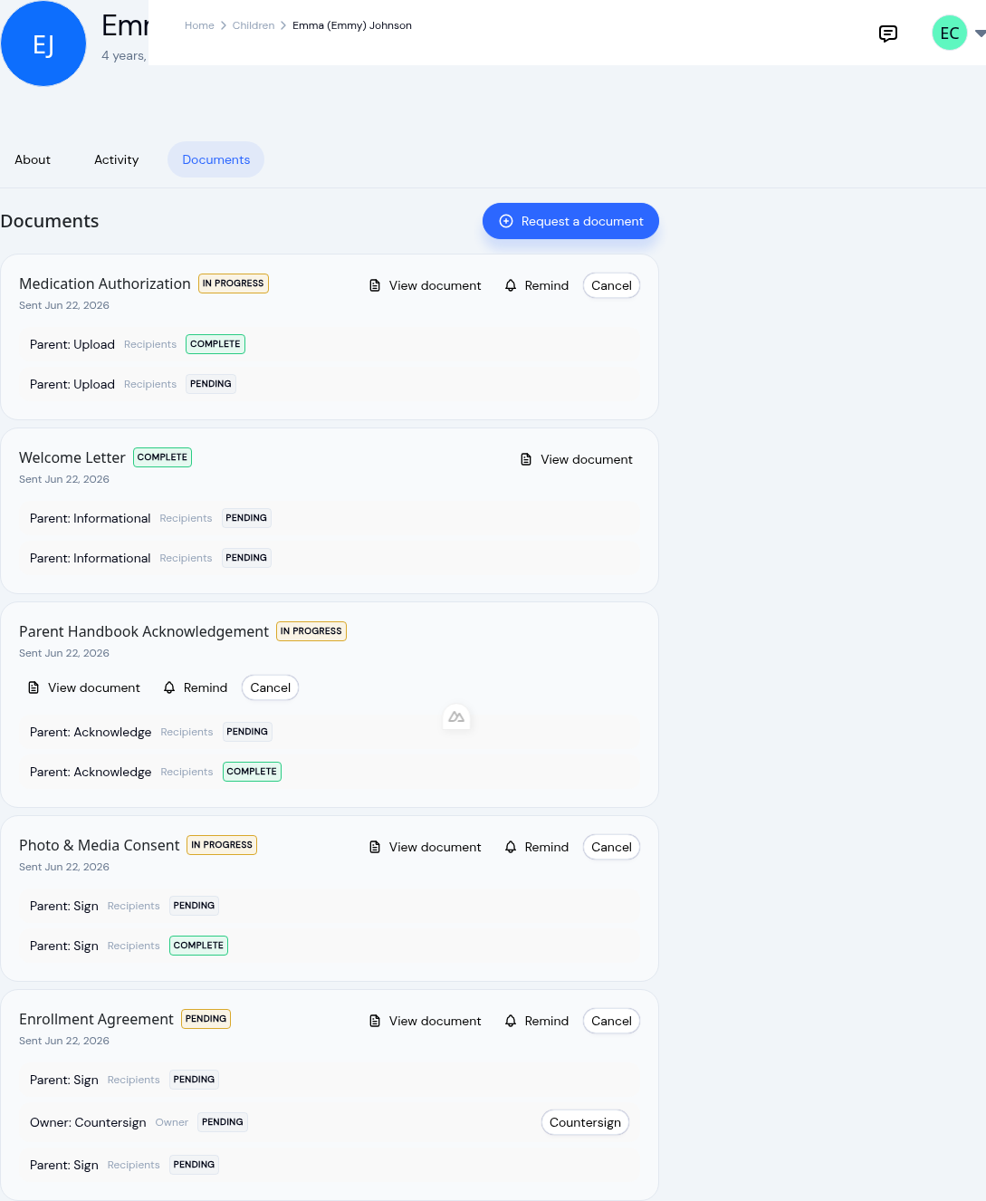 Child profile Documents tab listing document requests with their status, recipients, and View, Remind, and Cancel actions