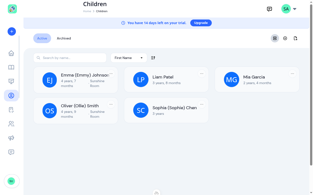 Children displayed in grid view with cards showing each child's name, age, and classroom