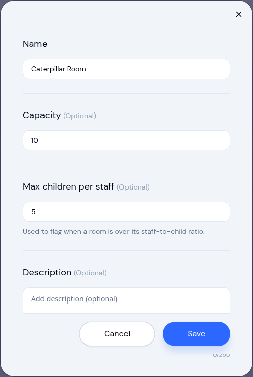 Create Classroom form showing Program, Name, Capacity, and the Max children per staff field set to 5