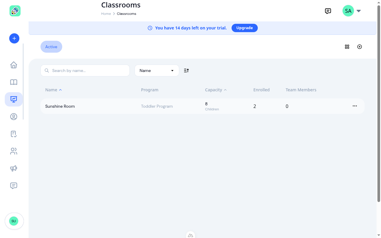 Classrooms list showing all rooms with name, program, capacity, enrolled count, and team members