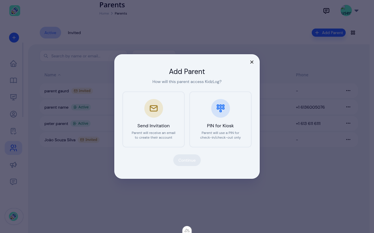 Add Parent wizard showing two options: Send Invitation or PIN for Kiosk