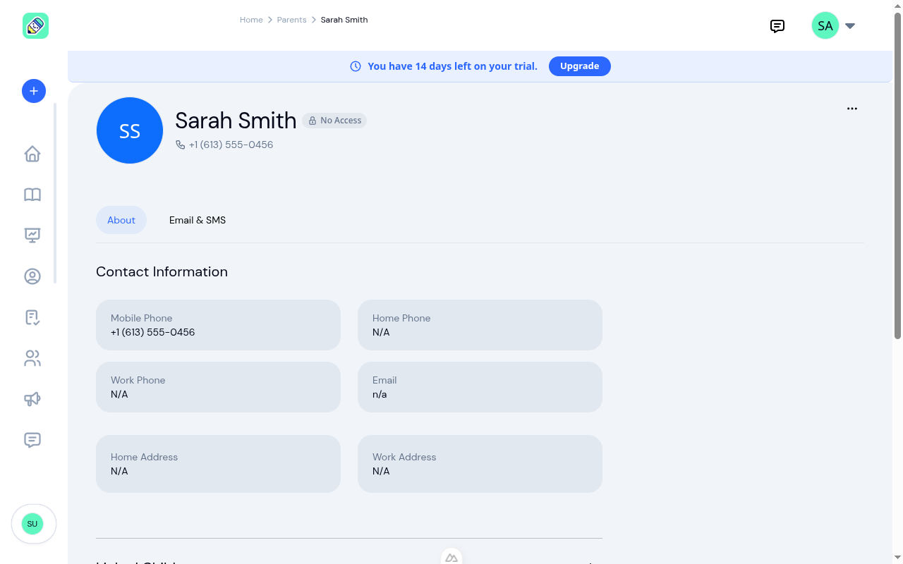 Parent detail page showing header with name, status badge, email and phone, followed by contact information section