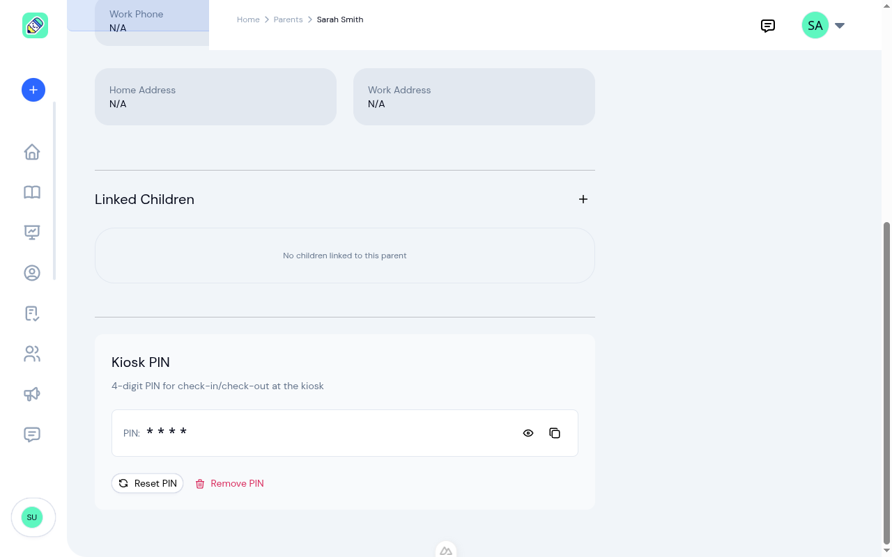 Parent detail page scrolled to show linked children list and kiosk PIN management section