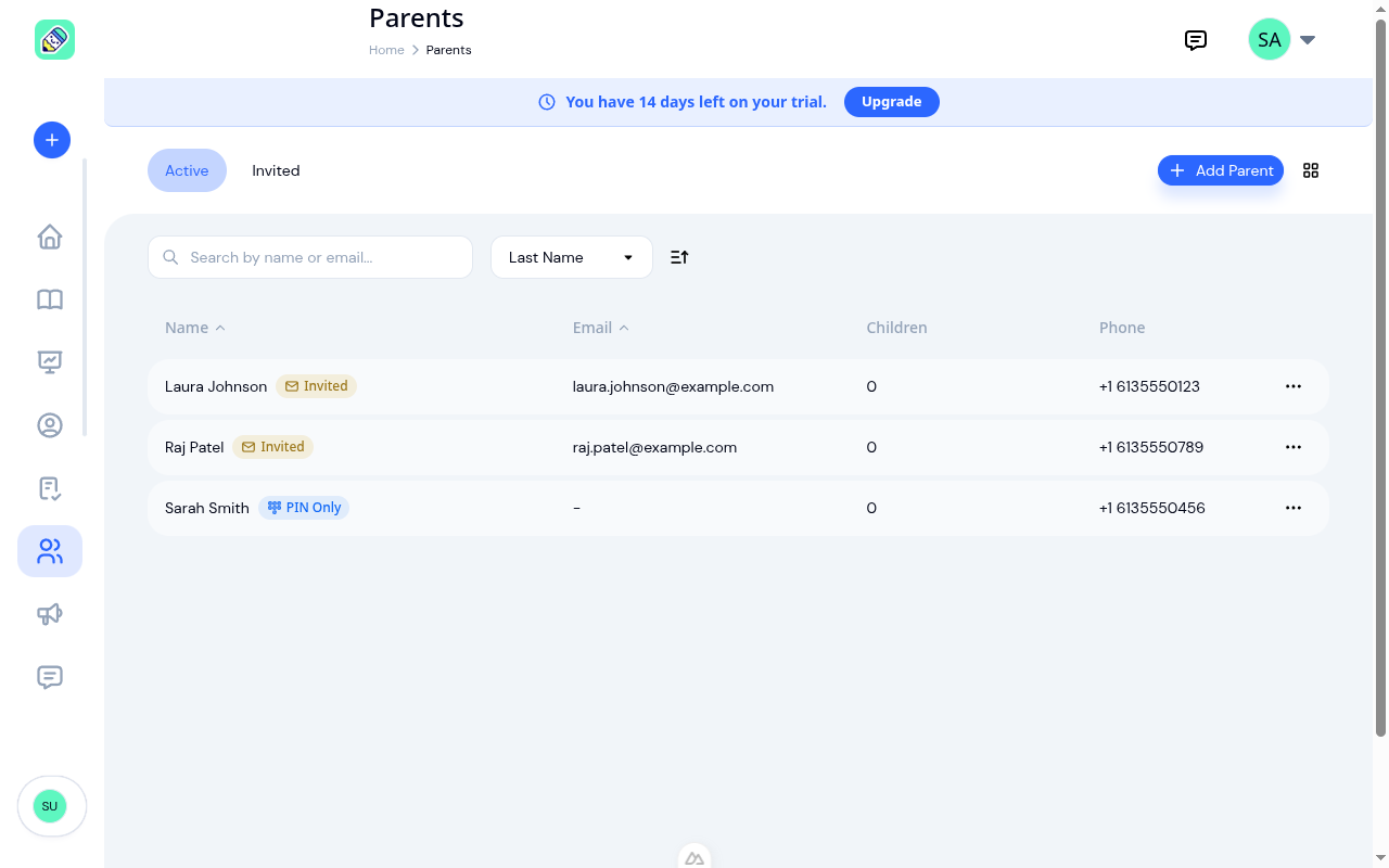 Parents list showing active parents with name, status badge, email, children count, and phone number