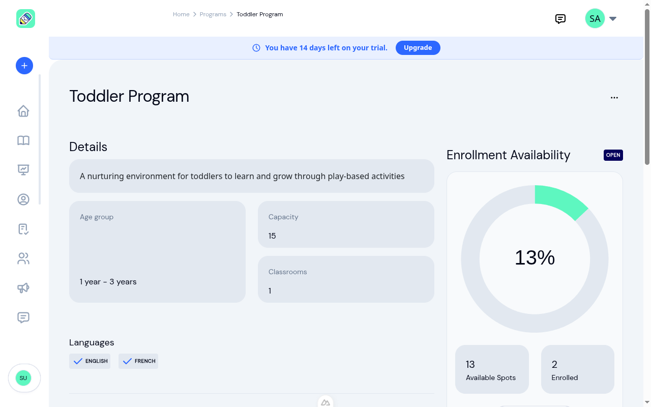 Program detail page showing description, age group, capacity, classrooms, languages, and enrollment availability donut chart