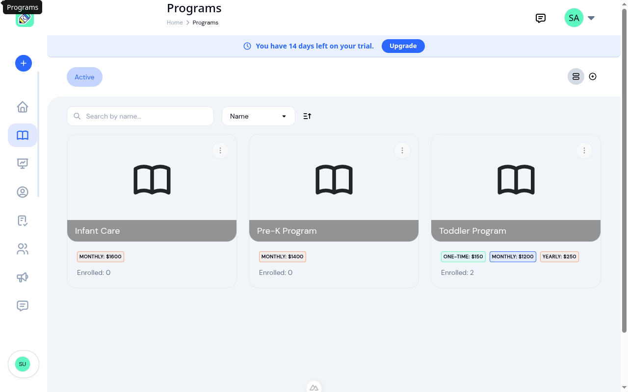 Programs grid view showing three program cards with fees and enrollment count
