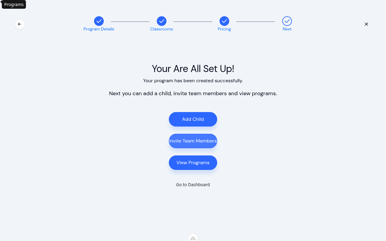 Program creation confirmation screen showing success message and next step options