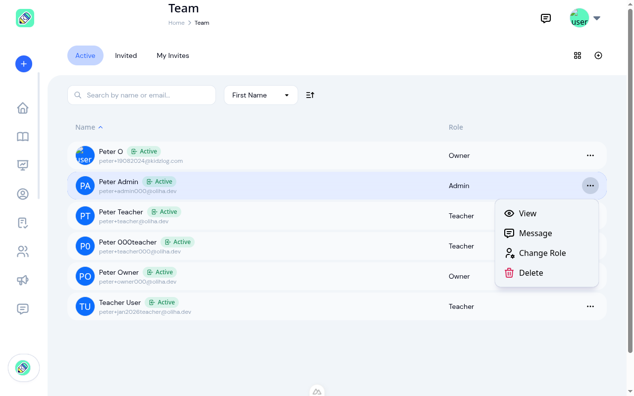 Team list with actions dropdown showing View, Message, Change Role, and Delete options