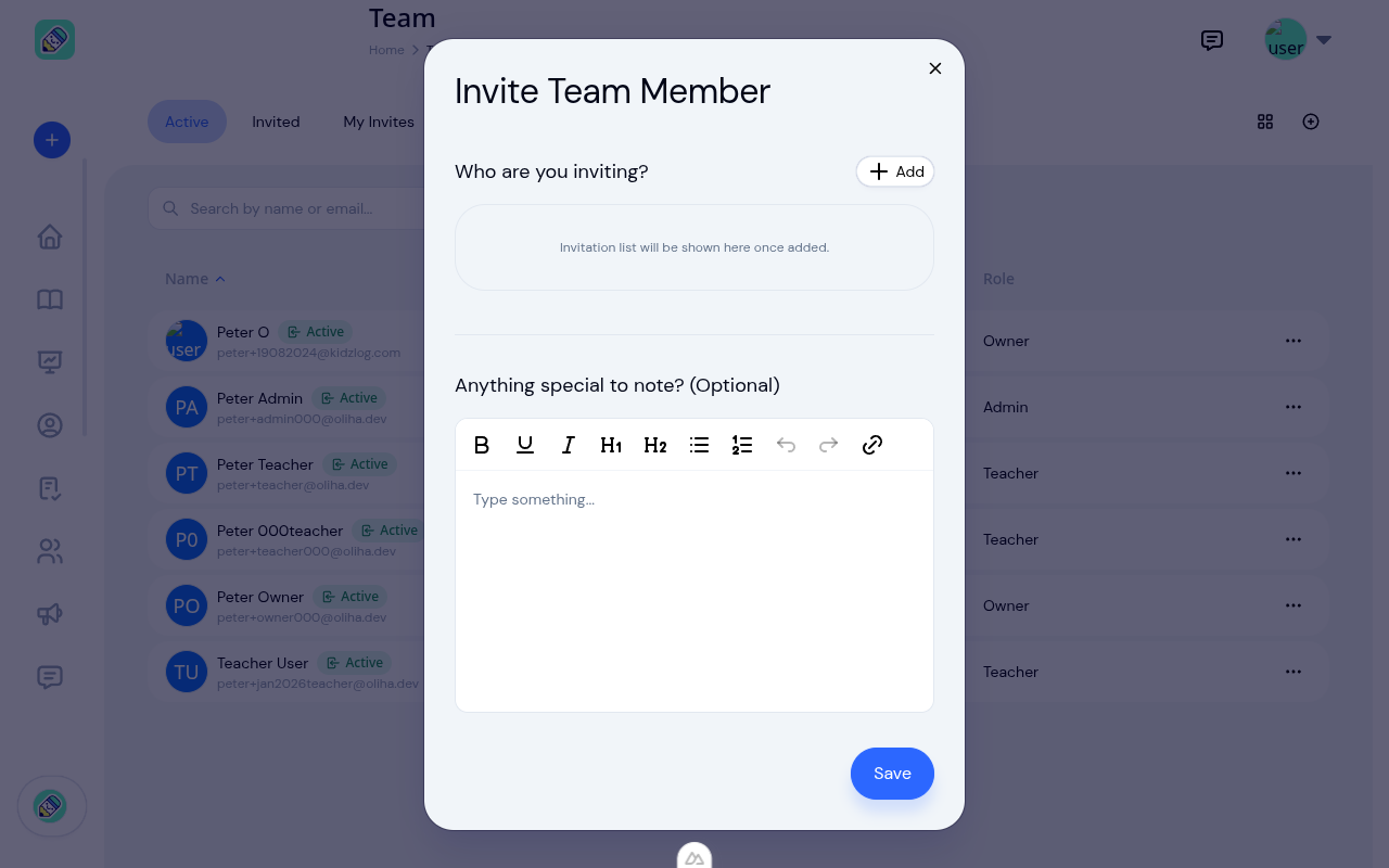 Invite Team Member modal with Add button, invitee list area, and optional notes section