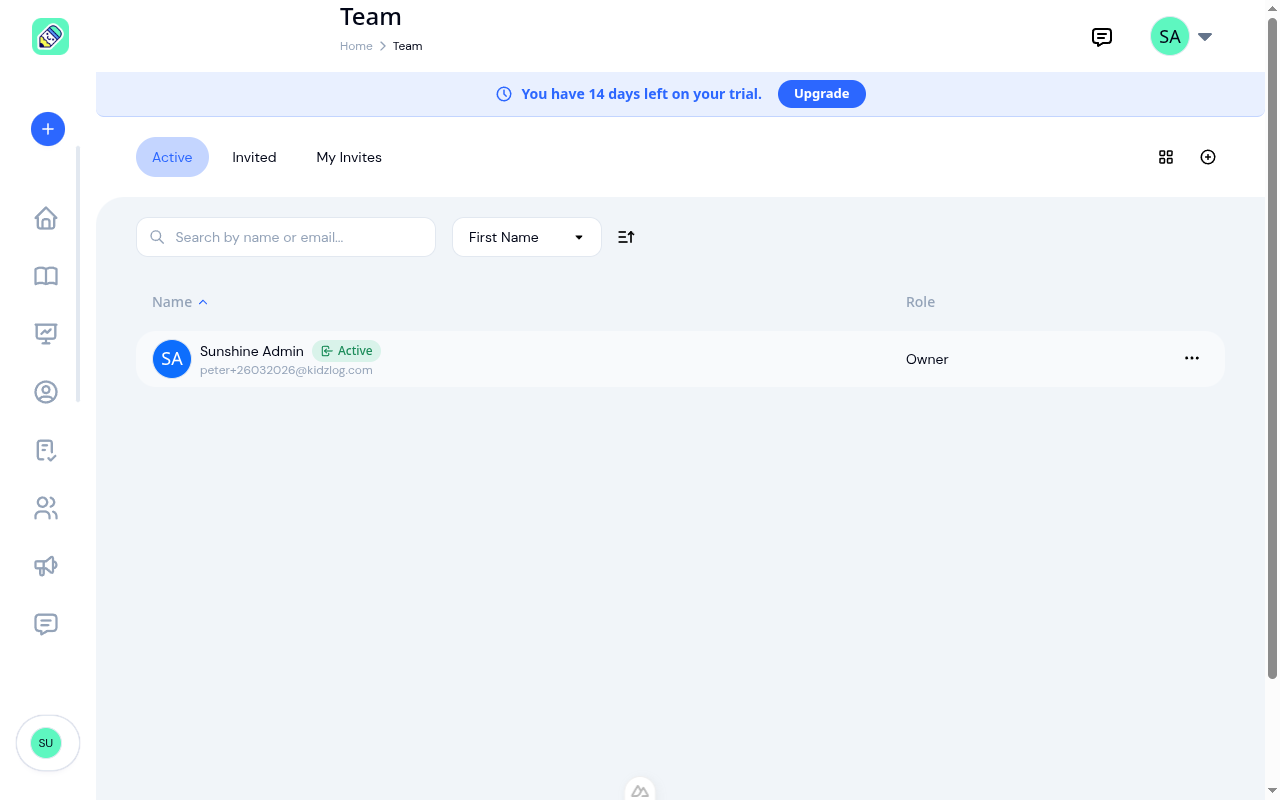 Team list showing all active members with name, email, status badge, and role