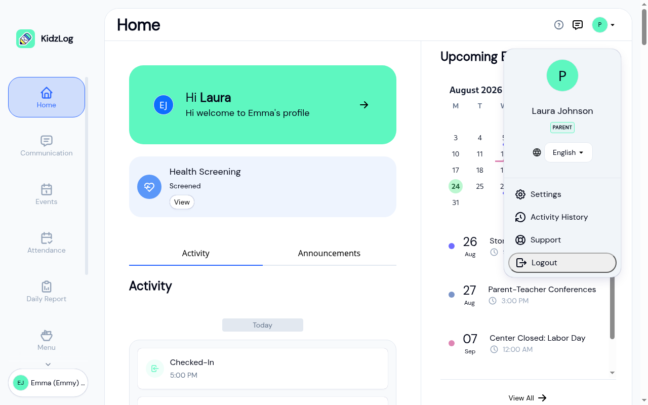 Parent Portal home with the account menu open, showing the parent's name and role above a language selector and links to Settings, Activity History, Support, and Logout