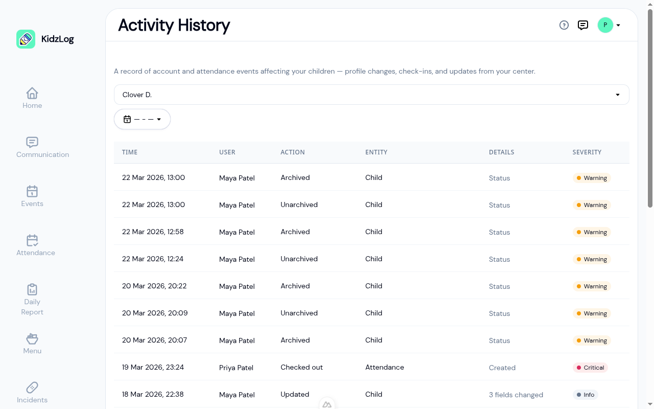 Parent Activity History page showing the child selector set to Clover D., a date range picker, and a table of events including profile archives and an attendance check-out
