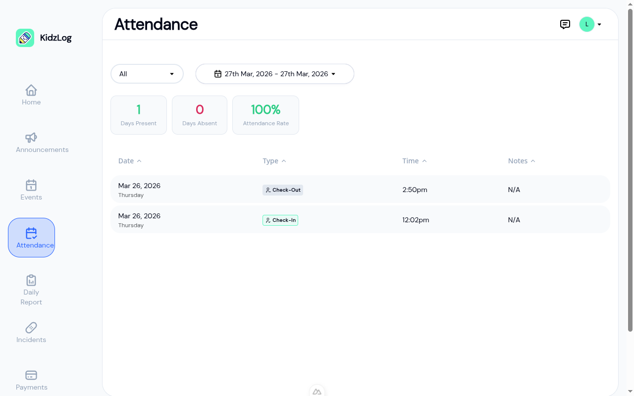 Attendance page showing summary stats and attendance history table
