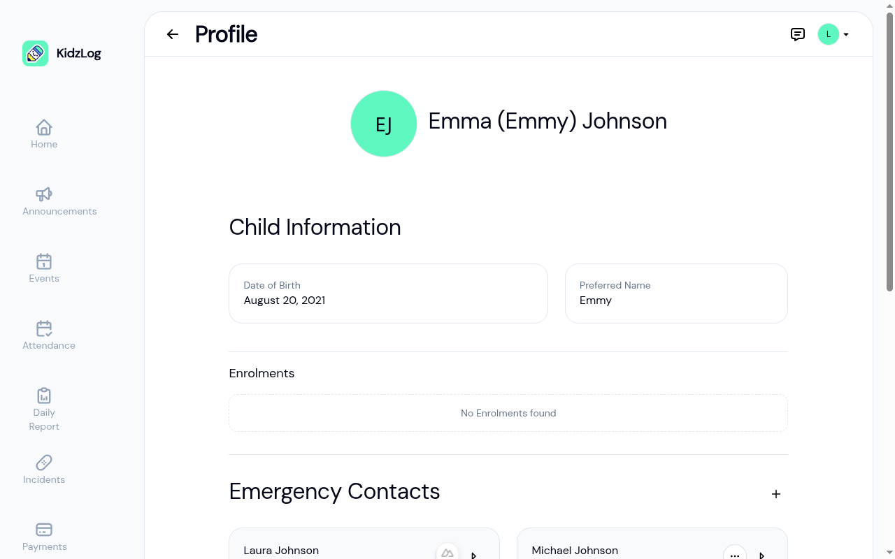 Child profile showing name, date of birth, preferred name, enrolments, and emergency contacts