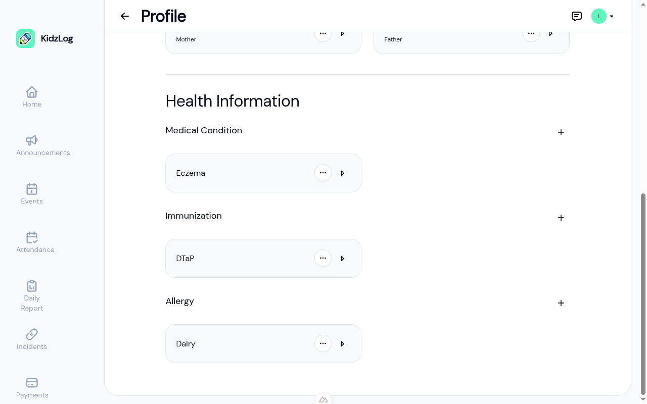 Health information section showing medical conditions, immunizations, and allergies