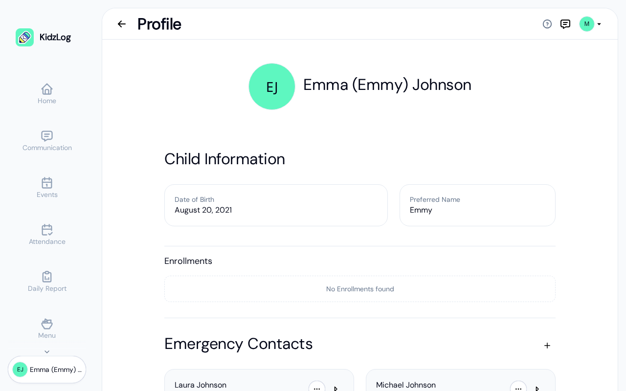 Health information section showing medical conditions, immunizations, and allergies