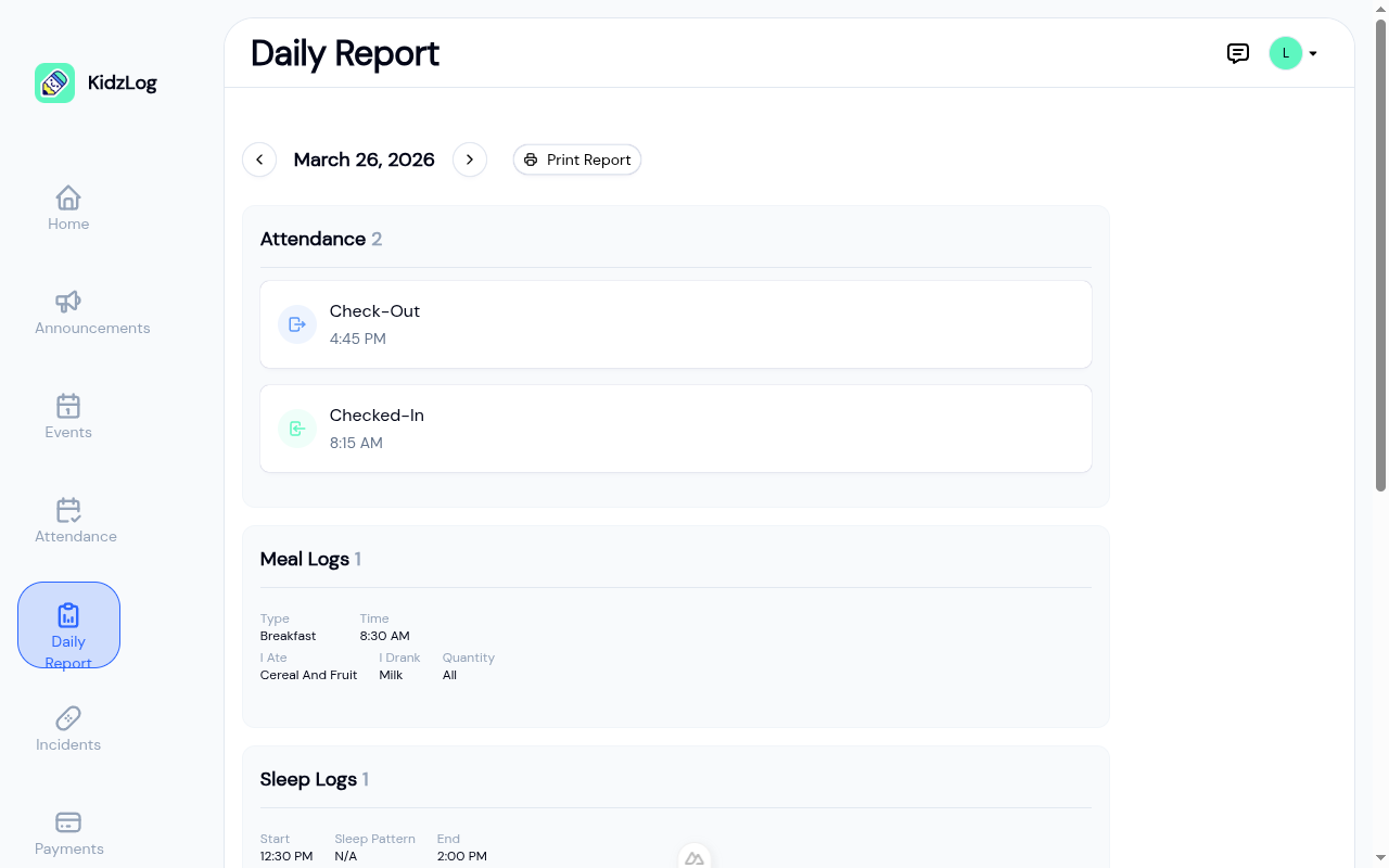 Daily report for March 26 showing attendance records and meal logs